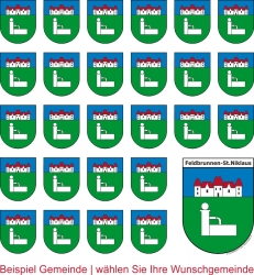 8 Bogen Aufkleber Sticker mit Ihrer Wunschgemeinde mit grosser und 26 kleinen Wappen | Pack à 8 Boge