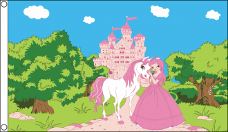 Prinzessin mit Pony und Schloss Fahne aus Stoff | 90 x 150 cm