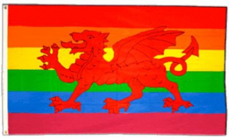 Regenbogen mit Wales Drachen (Cymru) / Welsh Dragon Fahne gedruckt | 90 x 150 cm