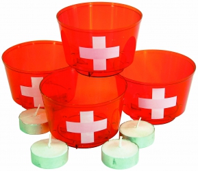 Illuminationsbecher rot mit Schweizer-Kreuz und Kerzen im Beutel à 4