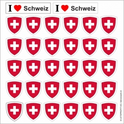 Aufkleber Schweiz in Wappenform mit 30 Stück auf Bogen | ca. 12.5 x 12.5 cm | unten spitz