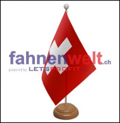 Schweiz Tisch-Fahne aus Stoff mit Holzsockel | 22.5 x 15 cm