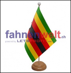 Simbabwe Tisch-Fahne aus Stoff mit Holzsockel | 22.5 x 15 cm